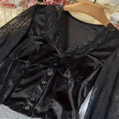 Women's Velvet & Lace Trim Top V-Neck Long Sleeve Blouse FitiqueFit