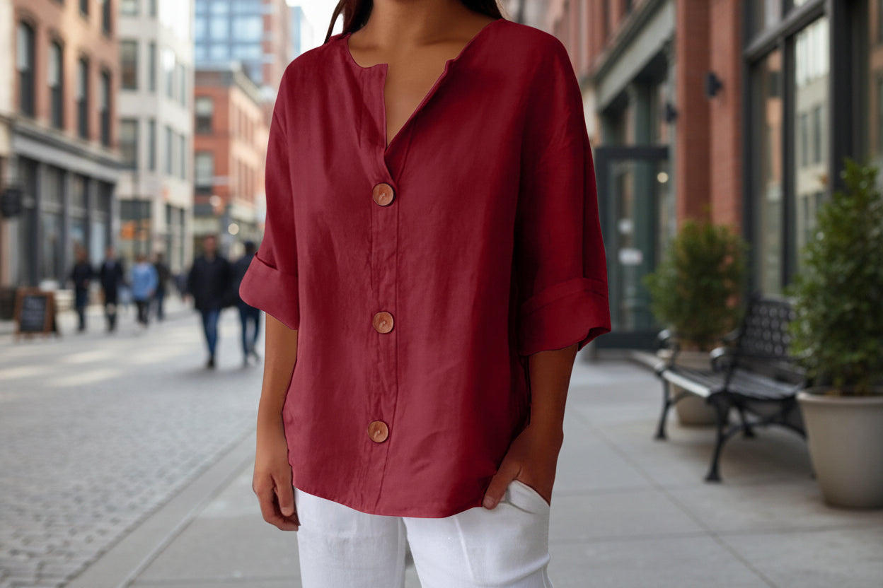 Women's V-Neck Cotton Linen Buttoned Blouse FitiqueFit