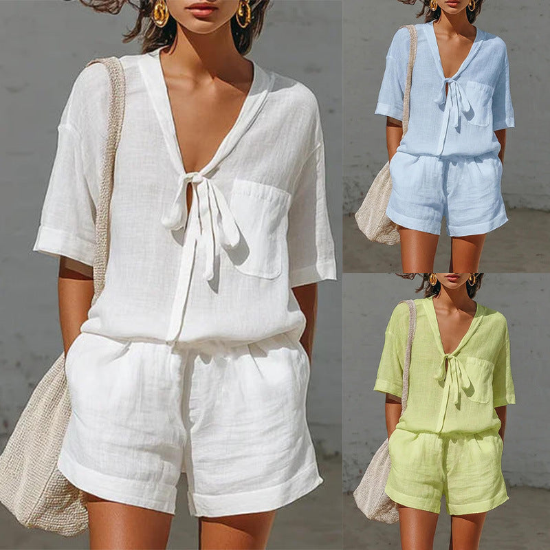 Women's Lace-Up Short-Sleeve Shirt & Loose Shorts Set – Casual Summer Co-Ord FitiqueFit