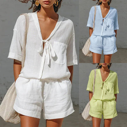 Women's Lace-Up Short-Sleeve Shirt & Loose Shorts Set – Casual Summer Co-Ord FitiqueFit