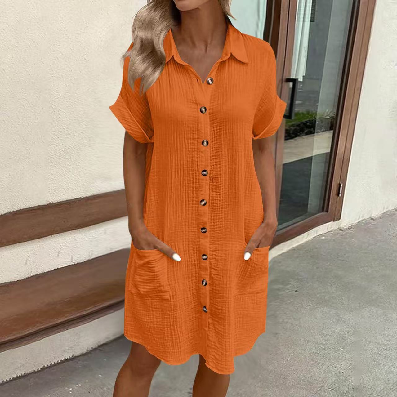 Women's Casual Loose Short-Sleeve Midi Shirt Dress – Button-Down FitiqueFit
