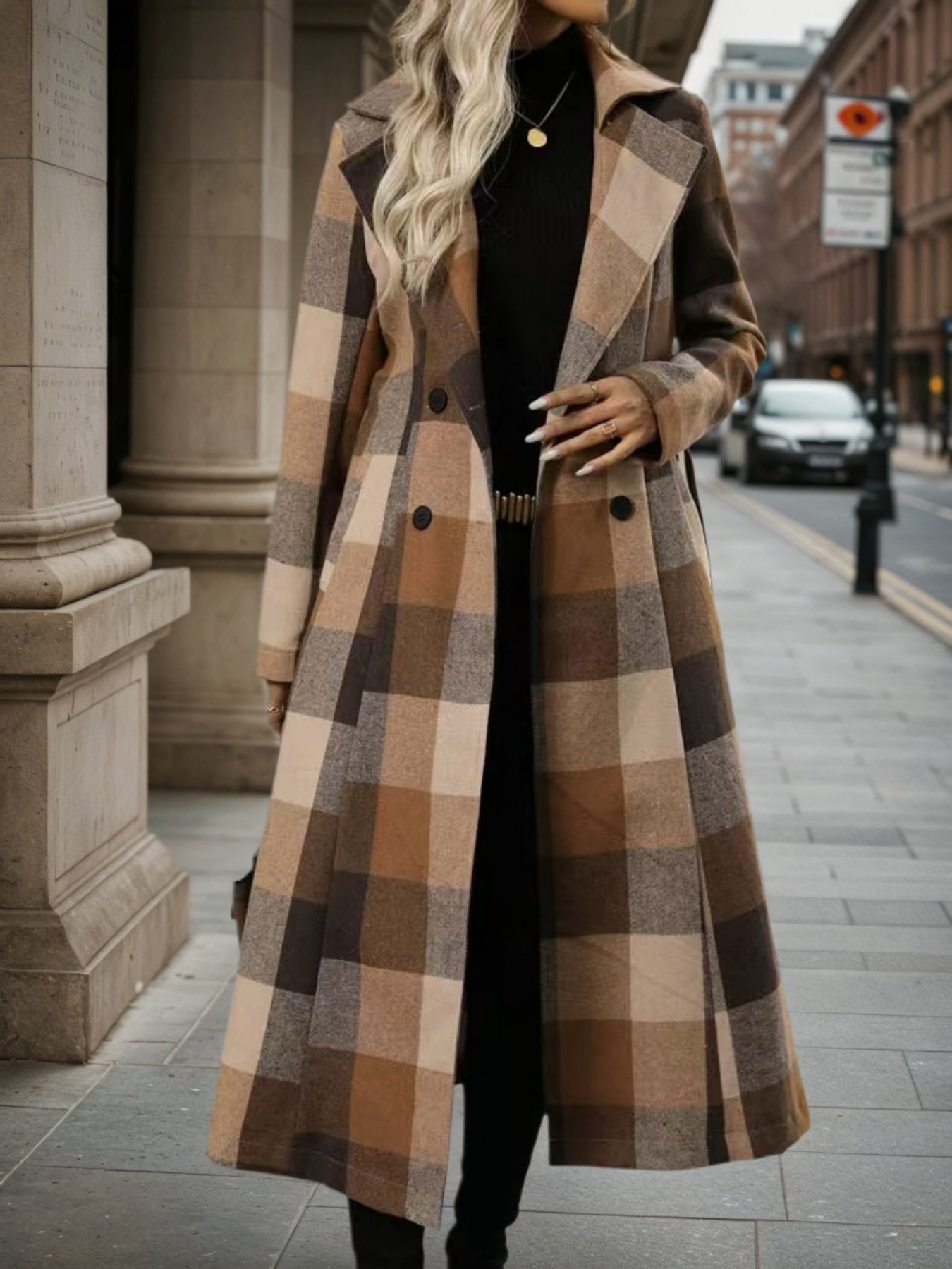 Women’s Lapel Woolen Double-Breasted Coat – Lace-Up Long Windbreaker FitiqueFit
