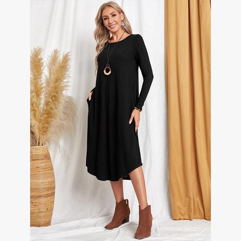 Women's Cotton Maxi Dress – Solid Color Long Sleeve A-Line with Pockets FitiqueFit