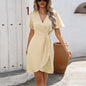 Pleated Cross V-Neck Midi Dress – Tight Waist Short Sleeve Elegant Dress FitiqueFit