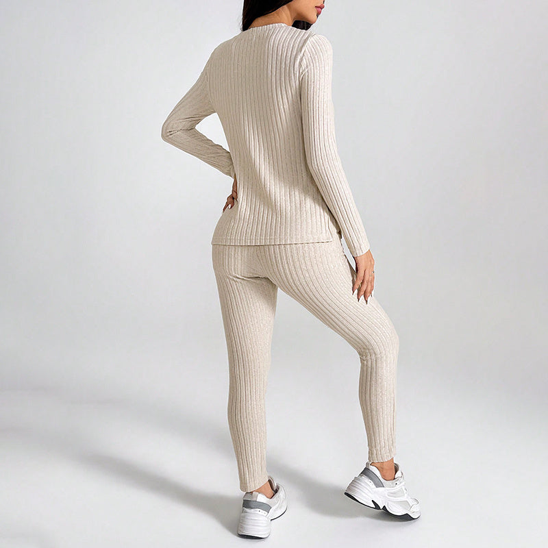 Women’s Ribbed Knit Long‑Sleeve Tee & Pants Lounge Set FitiqueFit