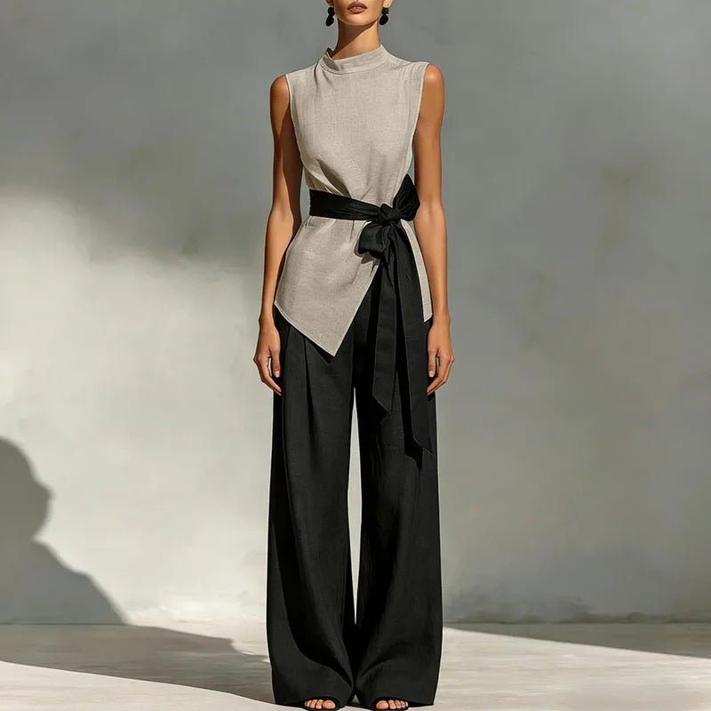 Women's Lace-Up Sleeveless Top & Wide-Leg Pants Set FitiqueFit