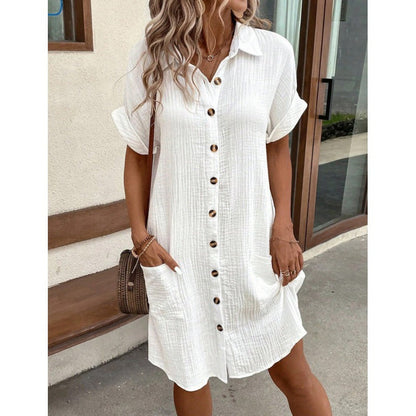 Women's Cotton Linen Shirt Dress – V-Neck Button-Front A-Line Dress FitiqueFit
