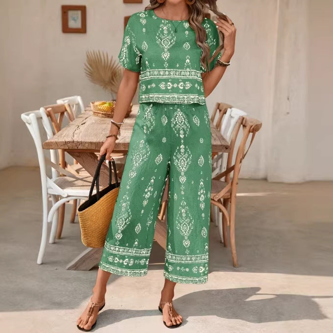 Women's Ethnic Print Contrast Two-Piece Set – Top & Straight-Leg Pants FitiqueFit