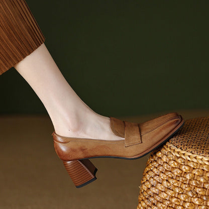 Women's Sheepskin Square Toe Chunky Heel Pumps – Retro High Heel Dress Shoes FitiqueFit