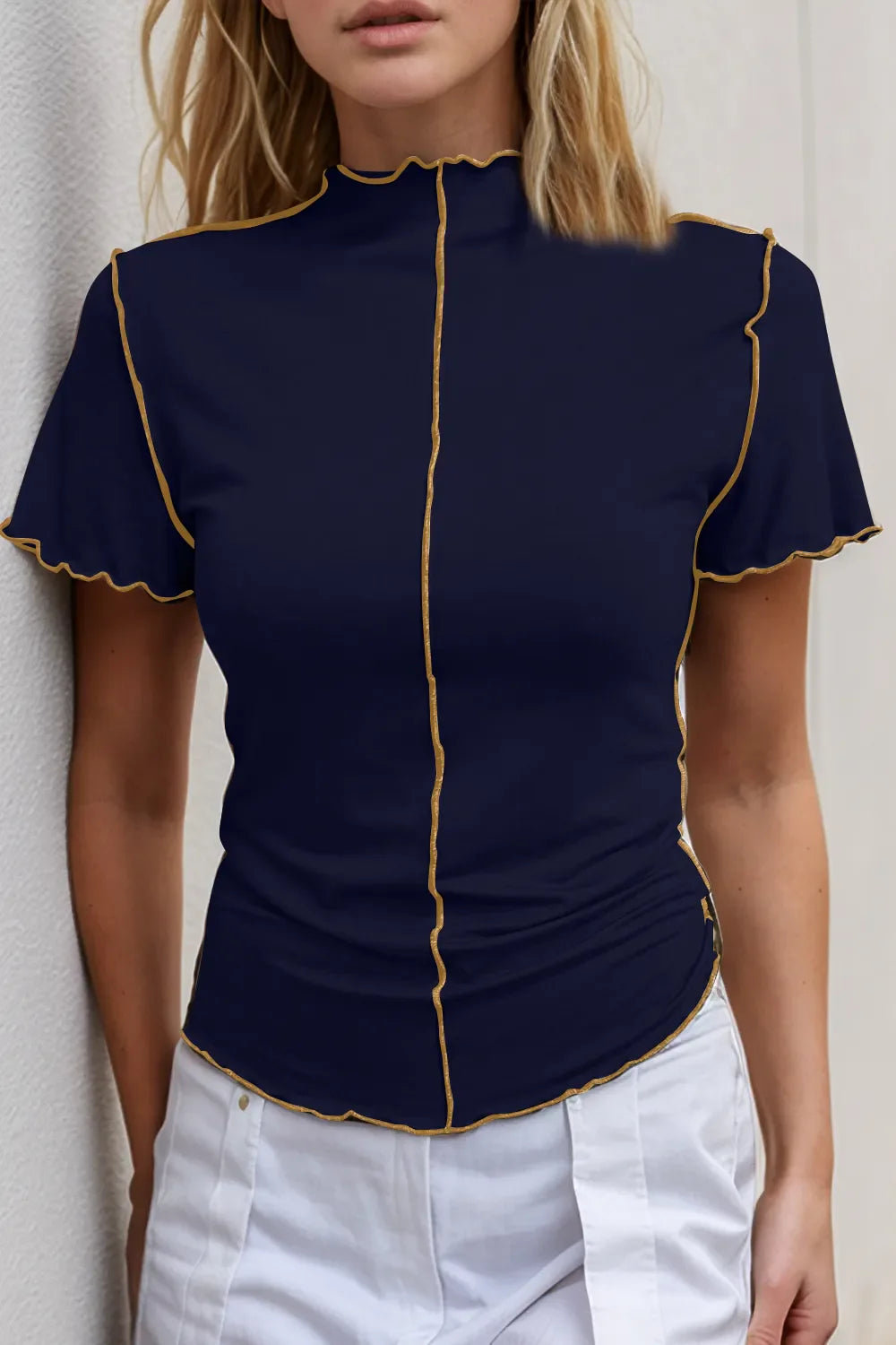 Basic Bae Contrast Trim Mock Neck Short Sleeve T-Shirt New Era Fashion LLc