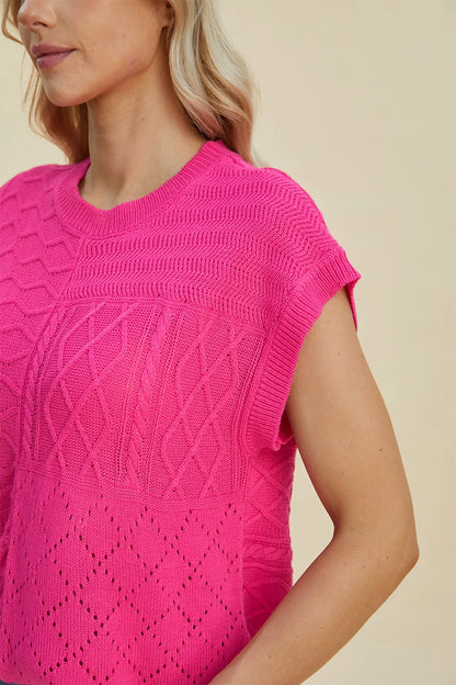 Double Take Full Size Cable-Knit Round Neck Cap Sleeve Sweater New Era Fashion LLc