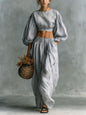 Women's Puff-Sleeve Crew-Neck Two-Piece Set with Pockets FitiqueFit