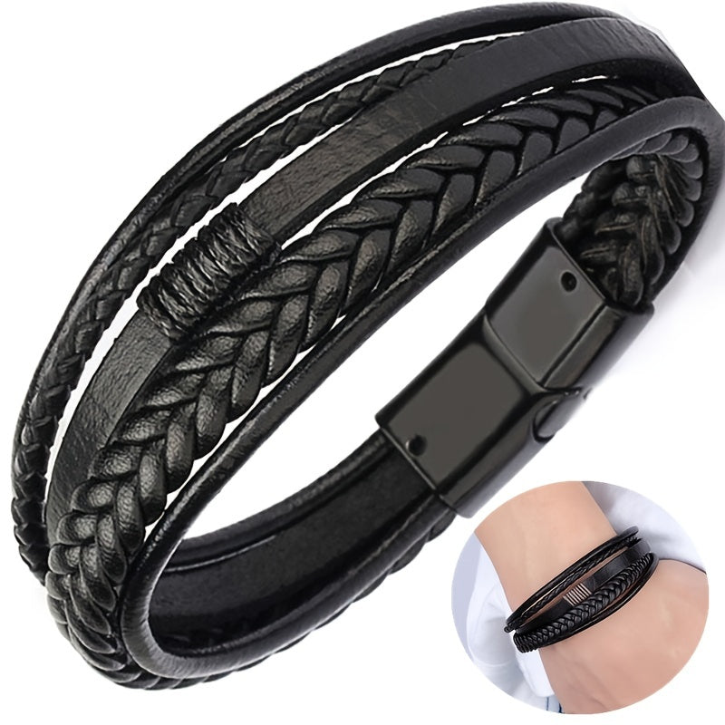 [Stylish Leather Bracelet] Stylish Durable 1pc Men's Hand-Woven Multi-Layer Leather Bracelet | with Buckle Closure, Versatile Accessory for Casual or Formal Wear NovaCart