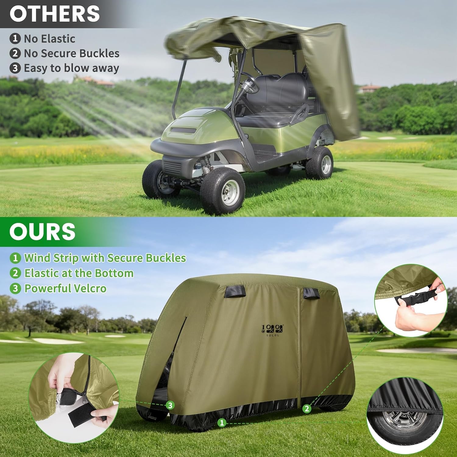Golf Cart Cover 2/4/4+2 Passenger for Yamaha EZGO Club Car, Heavy Duty 420D Waterproof Windproof Durable Oxford Golf Cart Cover with 3 Zipper Doors for All-Weather Protection (Black/Silver)
