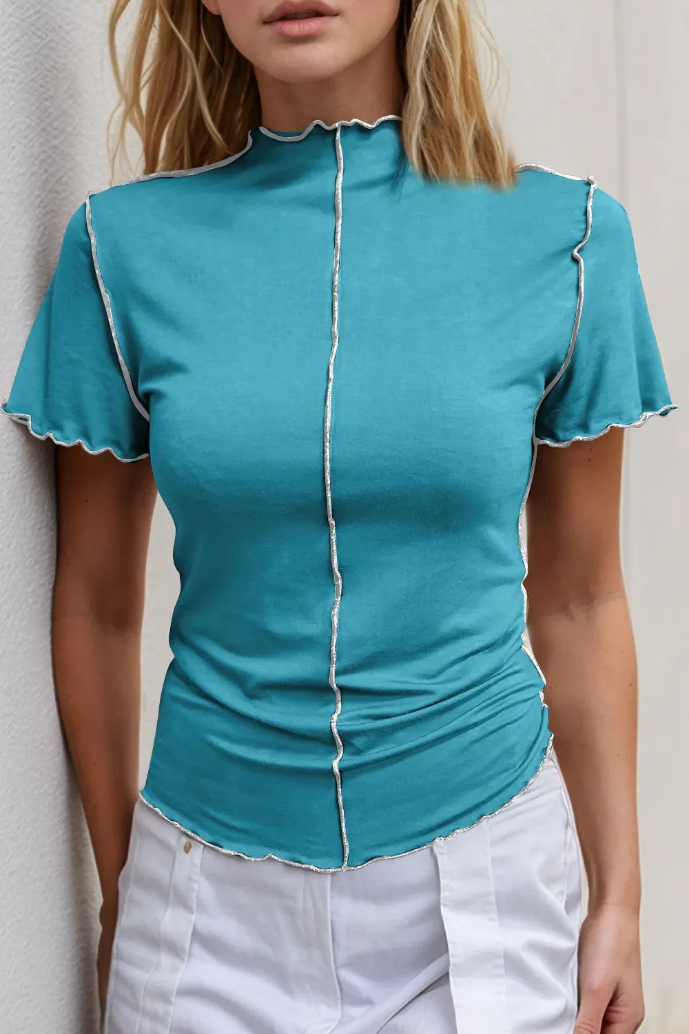 Basic Bae Contrast Trim Mock Neck Short Sleeve T-Shirt New Era Fashion LLc