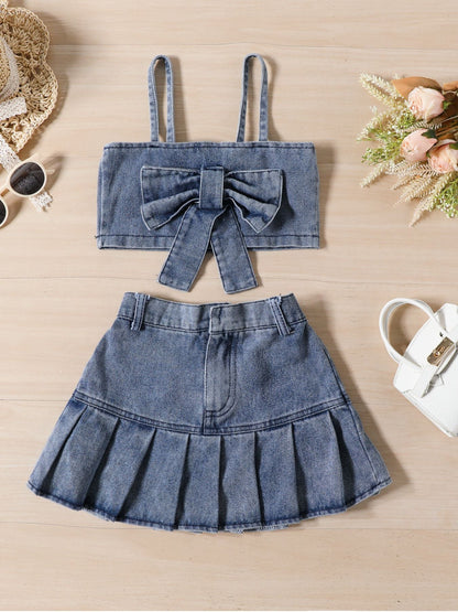 Children's Denim Bowknot Crop Top and Pleated Skirt Set New Era Fashion LLc