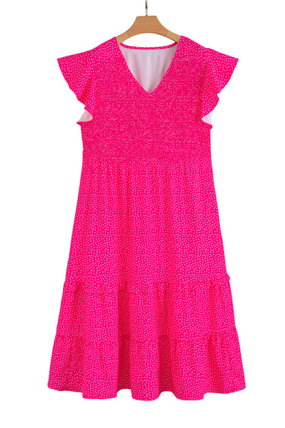 Rose Polka Dot Print Ruffled Smocked High Waist Plus Midi Dress Garden Naked Curves