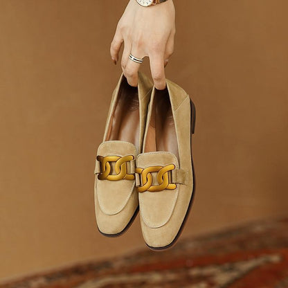 Women's Retro Metal Buckle Suede Loafers – Platform Chunky Heel Slip-On FitiqueFit