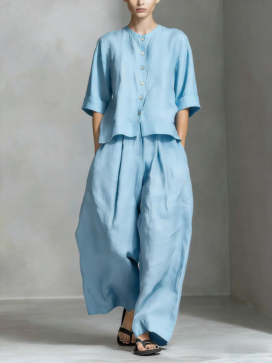 Three-Quarter Sleeve Shirt & Loose Trousers Two-Piece Set FitiqueFit