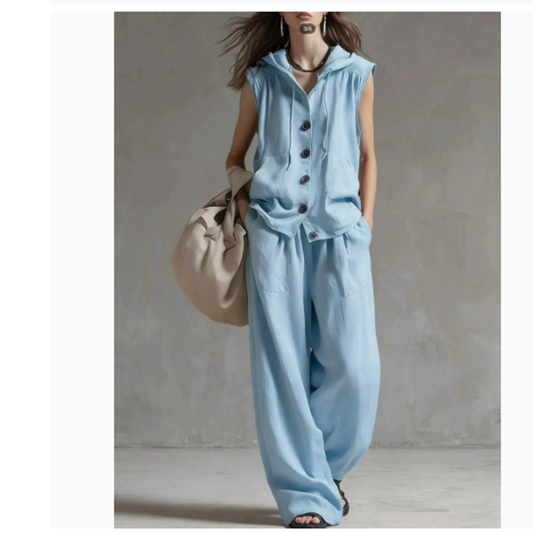 Sleeveless Hooded Top & Wide-Leg Pants Set | High-Waist Two-Piece FitiqueFit