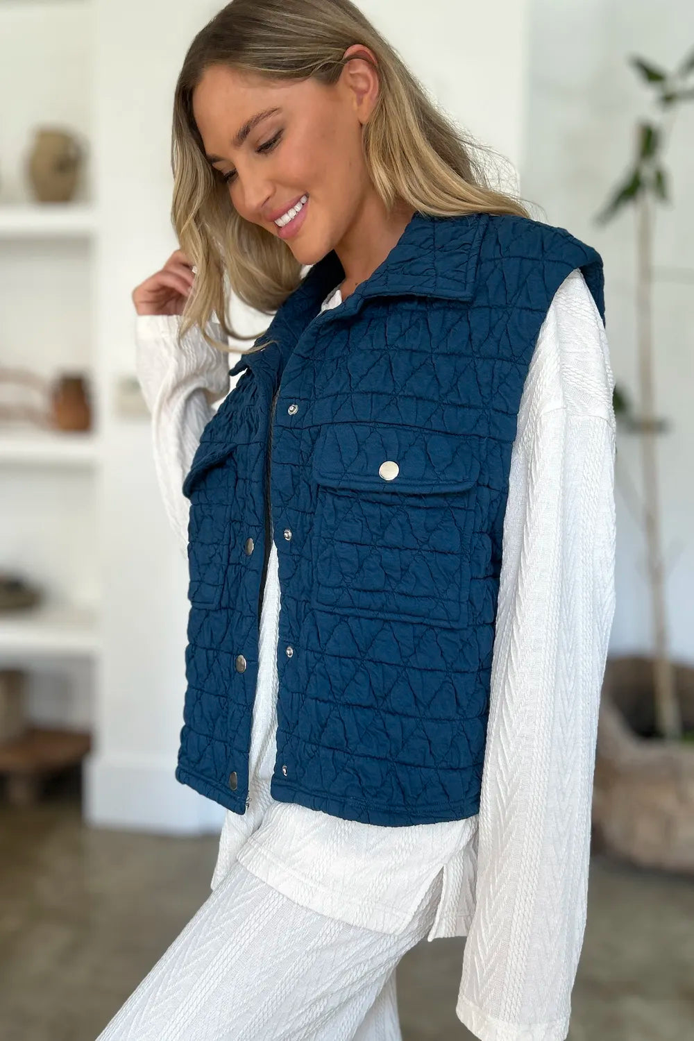 Double Take Full Size Pocketed Texture Snap Down Vest Coat New Era Fashion LLc
