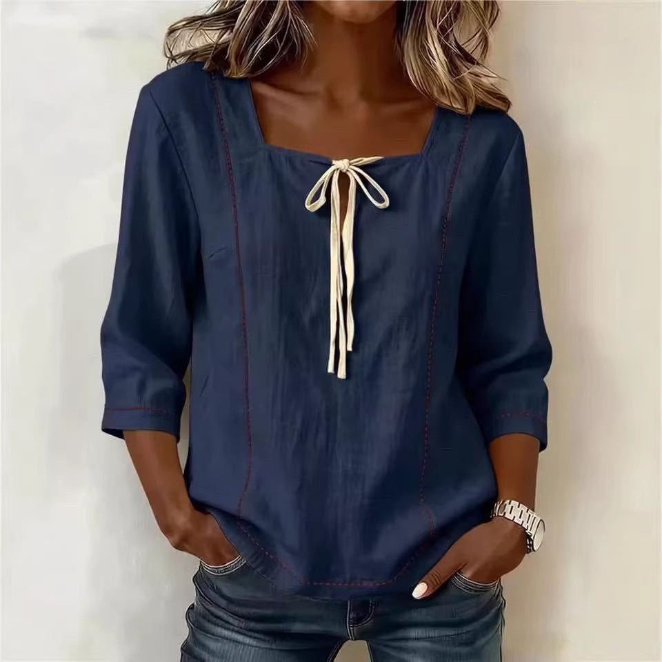 Printed Lace-Up Square-Neck Shirt – Three-Quarter Sleeve, Ramie FitiqueFit