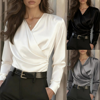 Women's Elegant Cross V-Neck Blouse, Ruffle Detail Button Accent Office Shirt FitiqueFit