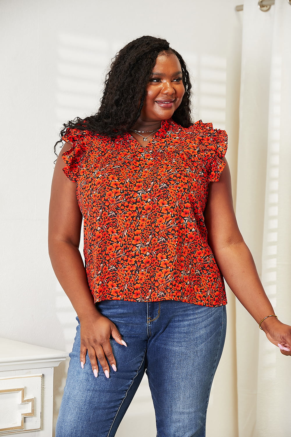 Double Take Floral Flutter Sleeve Notched Neck Blouse New Era Fashion LLc
