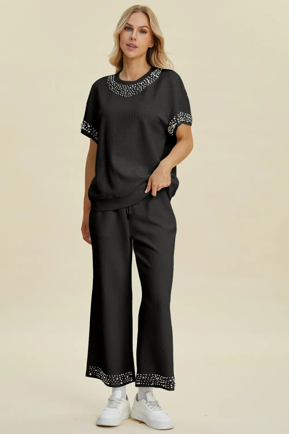 Double Take Full Size Pearl Detail Round Neck Top and Pants Set West2East Surf