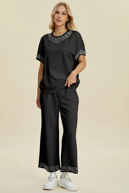 Double Take Full Size Pearl Detail Round Neck Top and Pants Set West2East Surf
