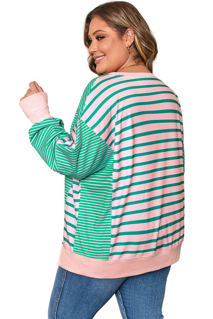 Green Stripe Color Block Exposed Seam Side Slit Plus Size Sweatshirt Garden Naked Curves