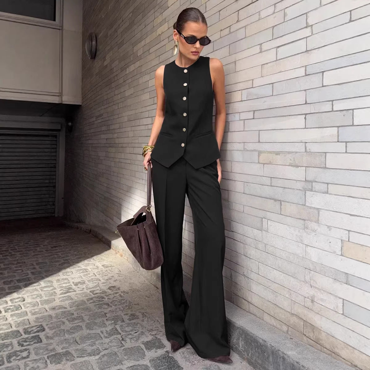 Women's Elegant Sleeveless Vest & Wide-Leg Pants Set – Office 2-Piece FitiqueFit