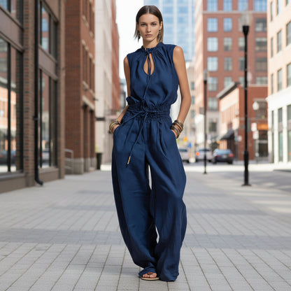 Women's Sleeveless High-Waist Wide-Leg Pleated Jumpsuit FitiqueFit