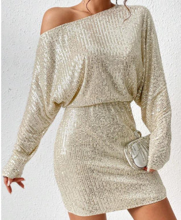 Fashion Oblique Shoulder Sequins Dress Ins Long-sleeved Dresses For Party Women's Clothing Grayceful LLC