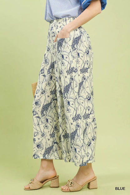 Umgee Two Tone Floral Print Pants Montret