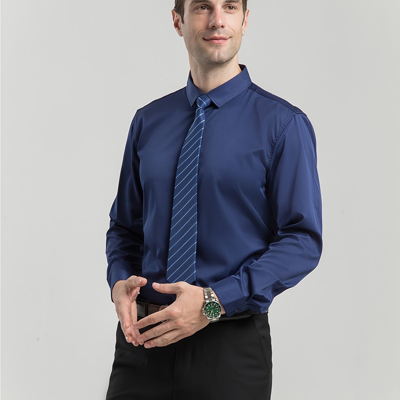 Men'S Stretch Slim-Fit Formal Shirt Without Pockets, Light Business Turn- Collar Long-Sleeved Shirt, Men'S Business Shirt, Wrinkle-Resistant And Durable Solid Color Formal Long-Sleeved Shirt with Buttons And Pockets, Suitable NovaCart