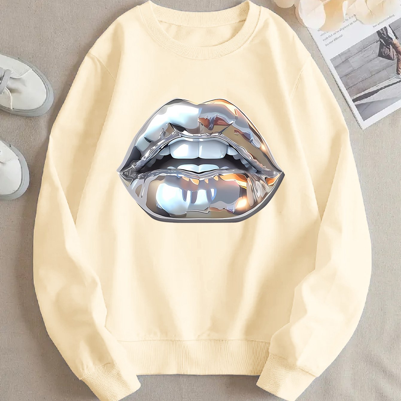 Womens Cartoon Silver Lip-Printed Sweatshirt See size chart under “more details” The Fashion Celestial