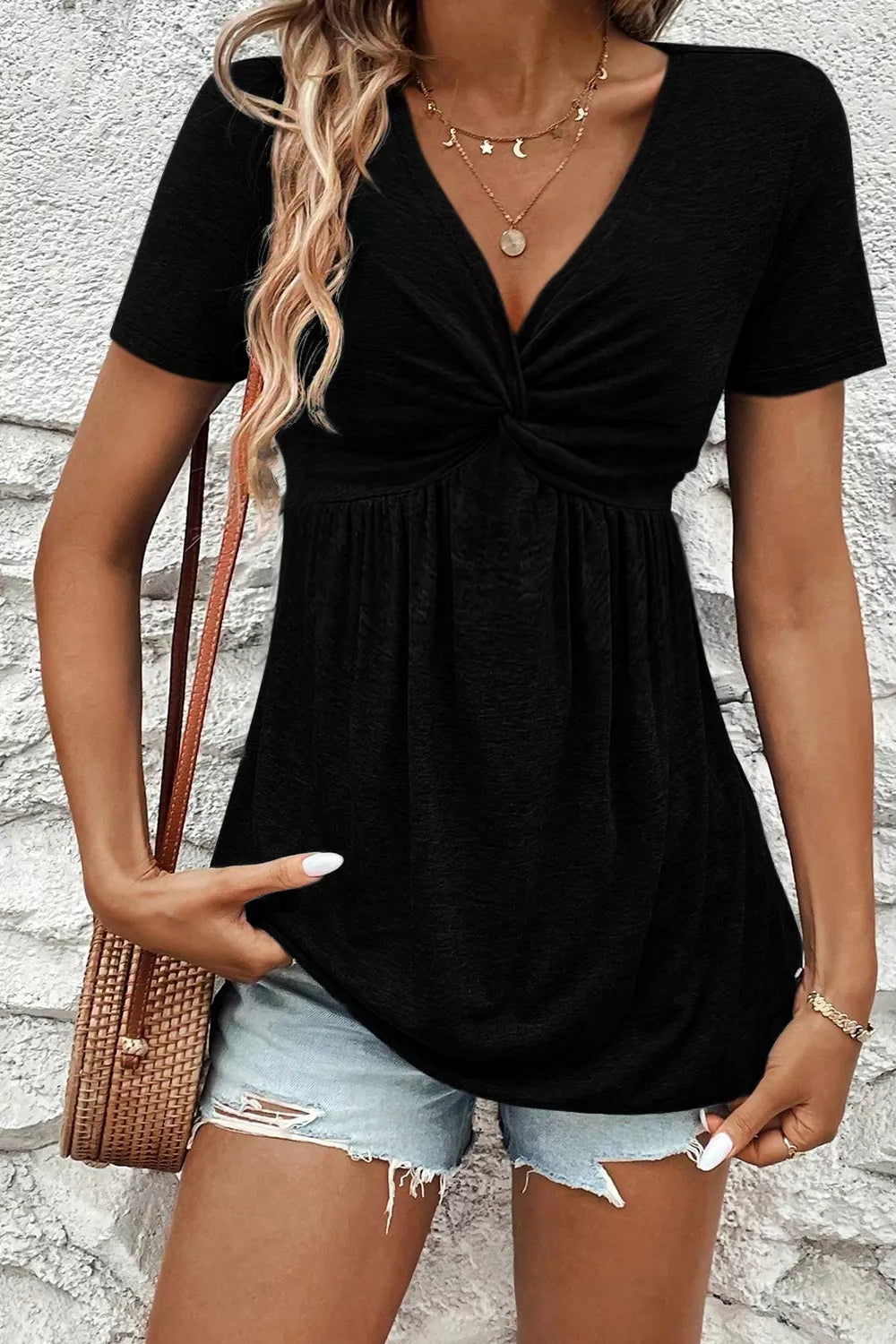 Twist Front V-Neck Short Sleeve Casual Blouse New Era Fashion LLc