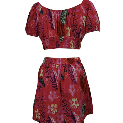 Flower Print Bubble Sleeves With Exposed Navel Short Top, Pleated Short Skirt Set FitiqueFit