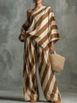 Women's Retro Striped Batwing Top & Wide-Leg Pants Set – Vintage 2-Piece FitiqueFit
