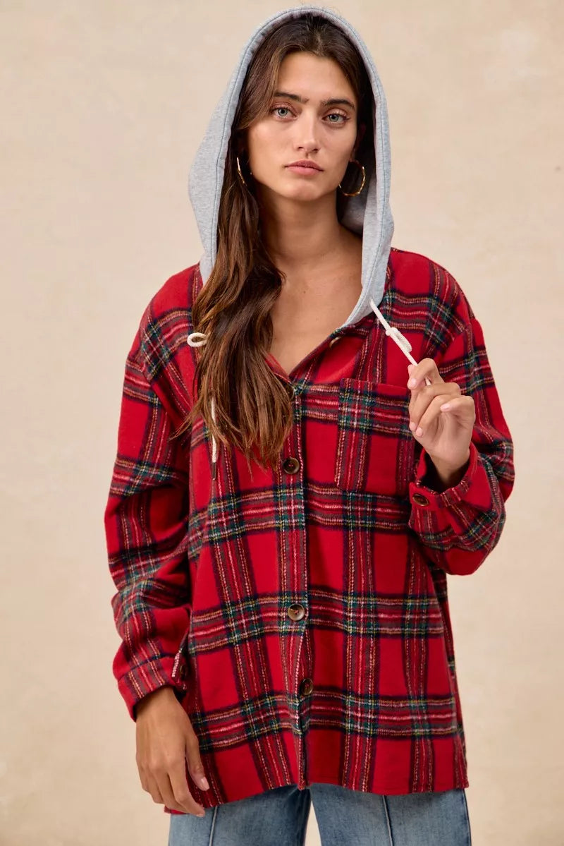 BiBi Brushed Plaid Hooded Jacket FitiqueFit