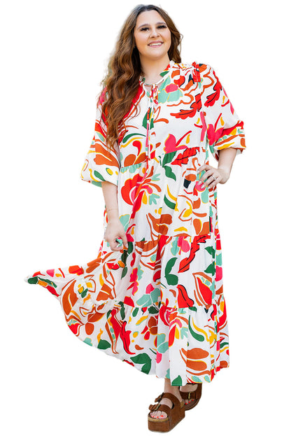 Orange Floral Print Drawstring V Neck Tiered Plus Size Dress Garden Naked Curves