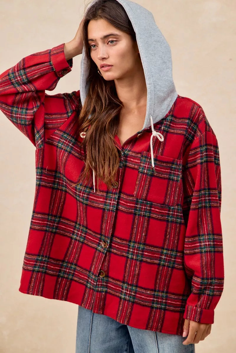 BiBi Brushed Plaid Hooded Jacket FitiqueFit