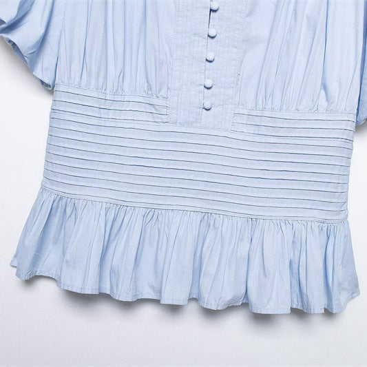 Women's Ruffle-Trim Puff-Sleeve Blouse Top – Slim-Fit Elegant FitiqueFit