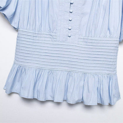 Women's Ruffle-Trim Puff-Sleeve Blouse Top – Slim-Fit Elegant FitiqueFit