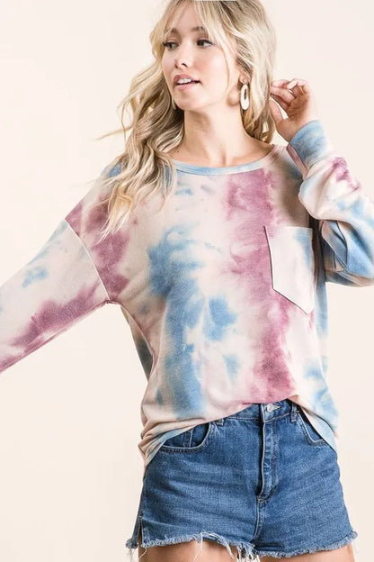 BiBi Tie Dye Print Terry Top With Front Patch Pocket New Era Fashion LLc