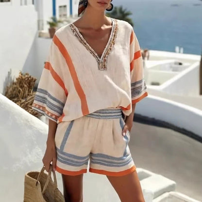 Women’s Linen Striped V Neck Top and Shorts Set FitiqueFit