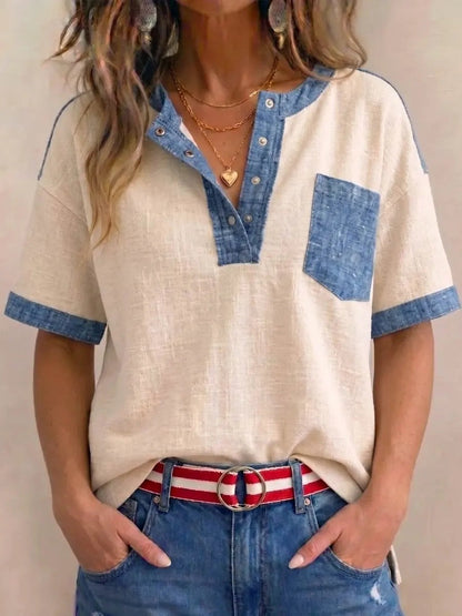Women's Casual Loose-Fit Color-Block Patchwork Short-Sleeve Top FitiqueFit