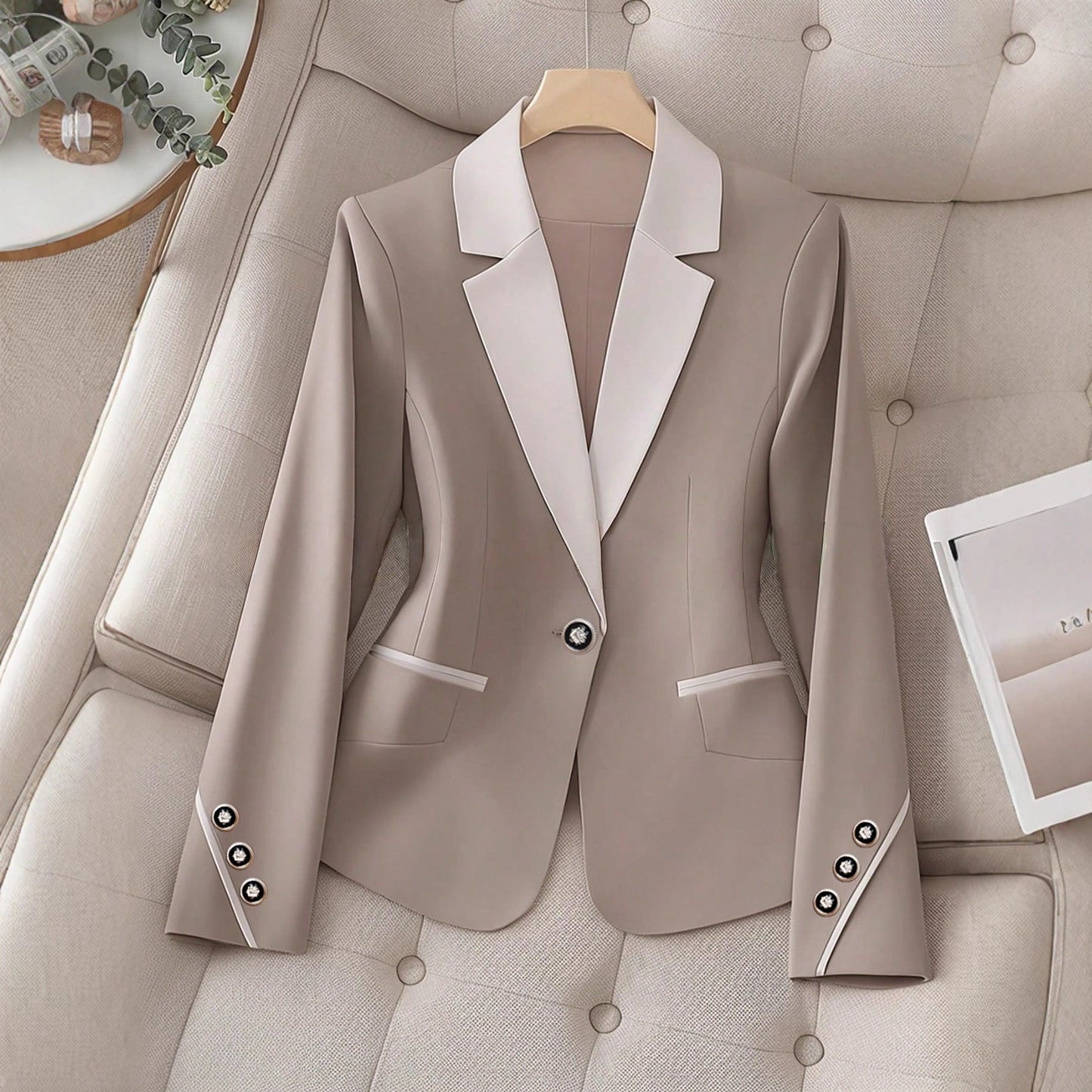 Women’s Contrasting Color Blazer – Elegant Button Formal Jacket FitiqueFit