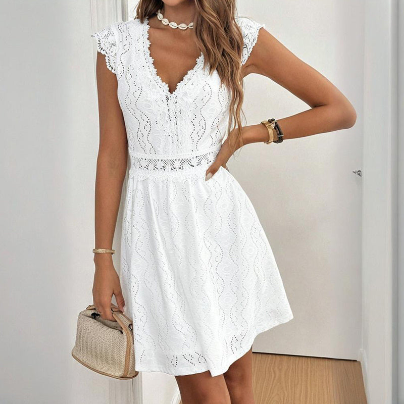 Women’s V‑Neck Short‑Sleeve Dress with Lace Trim FitiqueFit